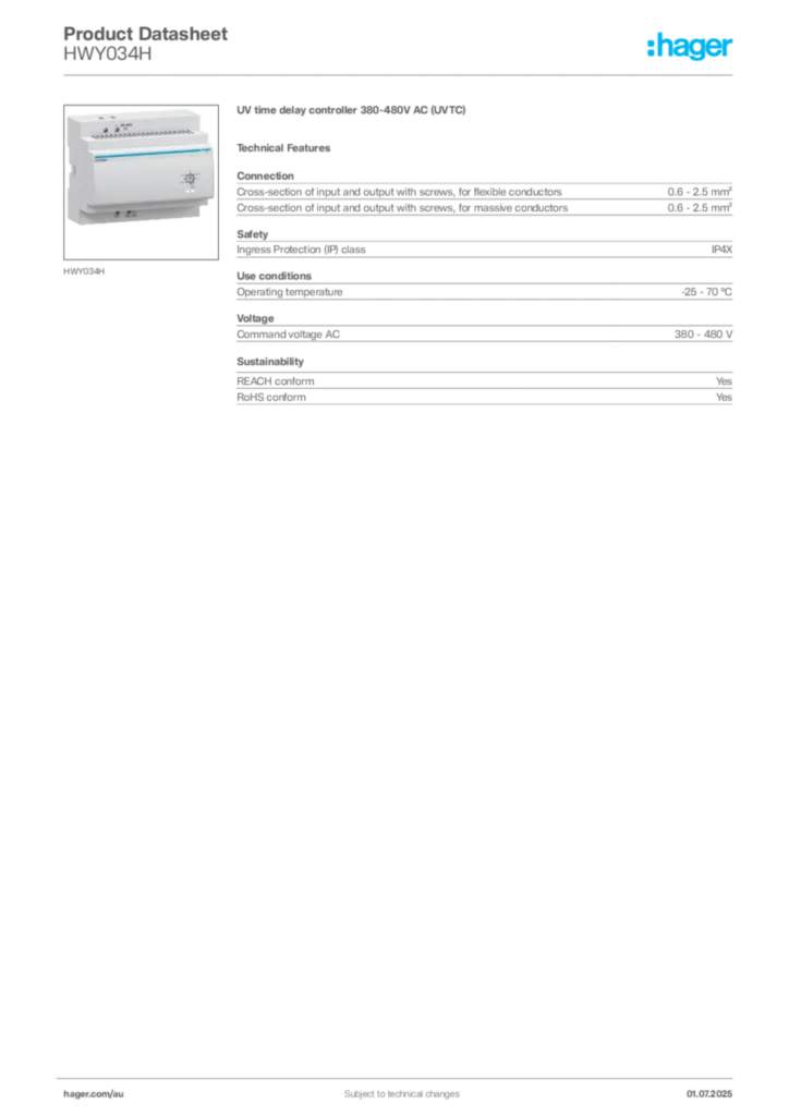 Image Hager Product data sheet HWY034H  | Hager Australia