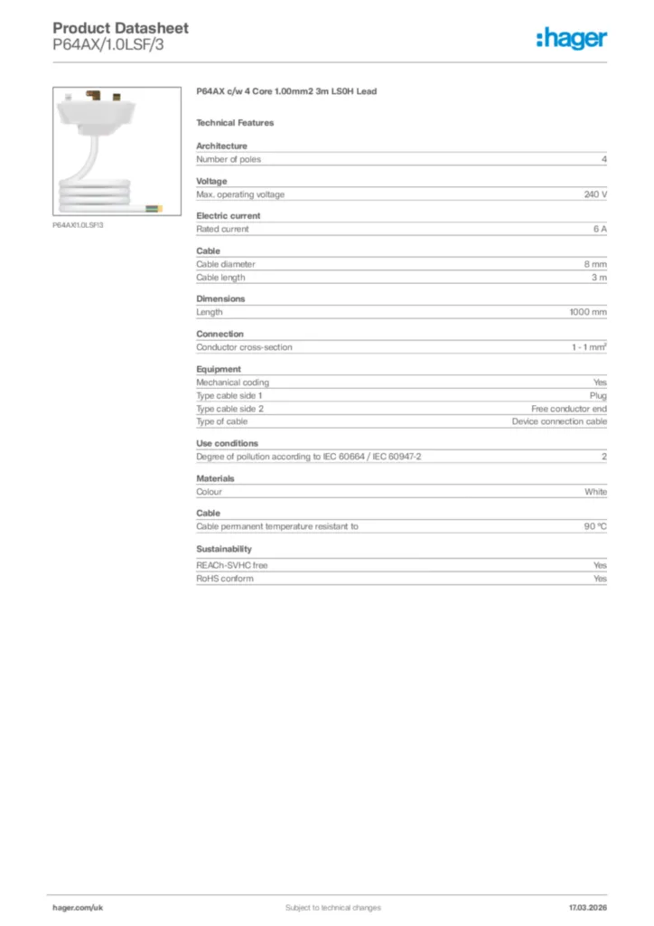 Image Hager Product data sheet P64AX/1.0LSF/3  | Hager