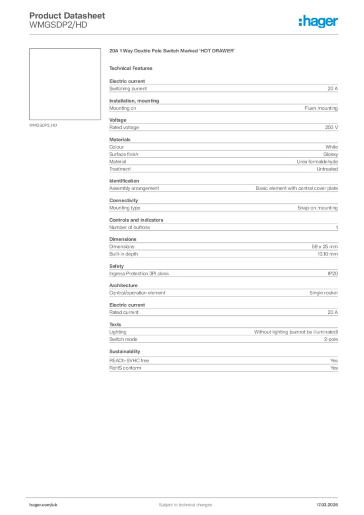 Image Hager Product data sheet WMGSDP2/HD  | Hager