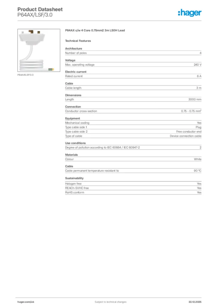 Image Hager Product data sheet P64AX/LSF/3.0  | Hager
