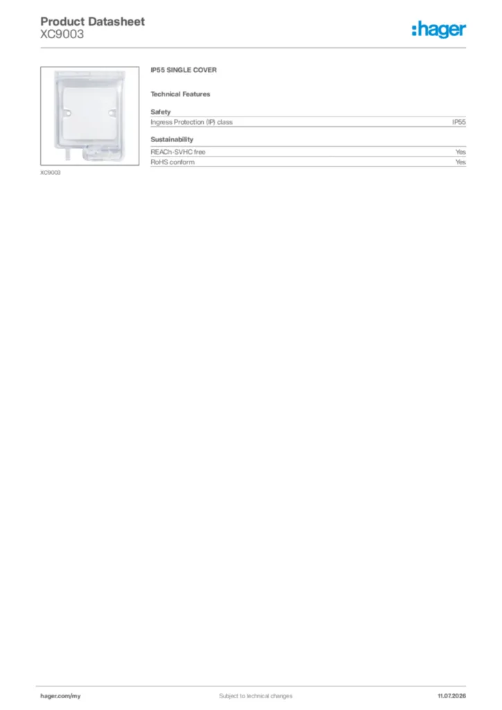 Image Hager Product data sheet XC9003  | Hager