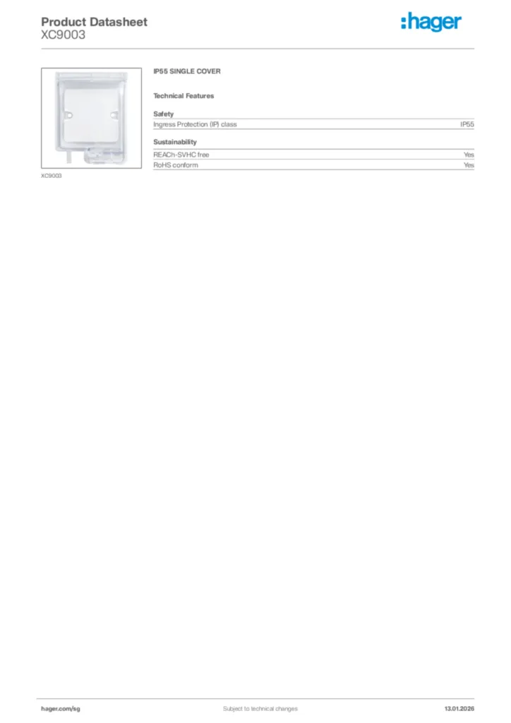 Image Hager Product data sheet XC9003  | Hager