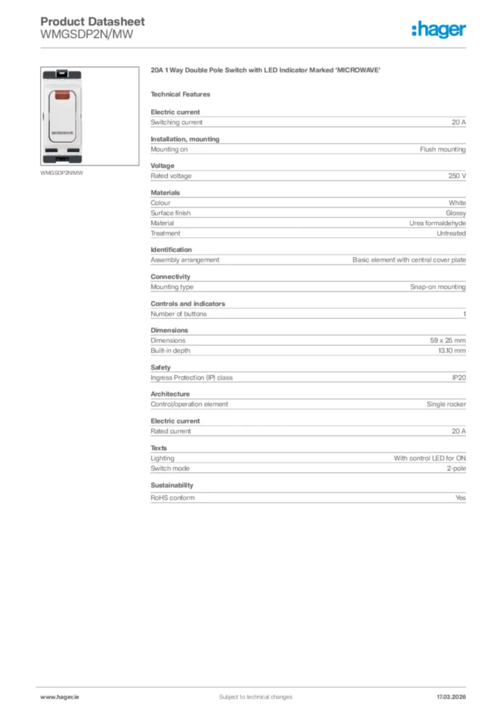 Image Hager Product data sheet WMGSDP2N/MW  | Hager