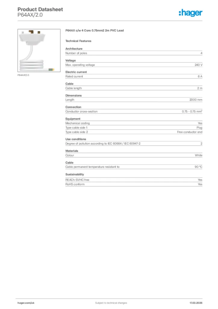 Image Hager Product data sheet P64AX/2.0  | Hager