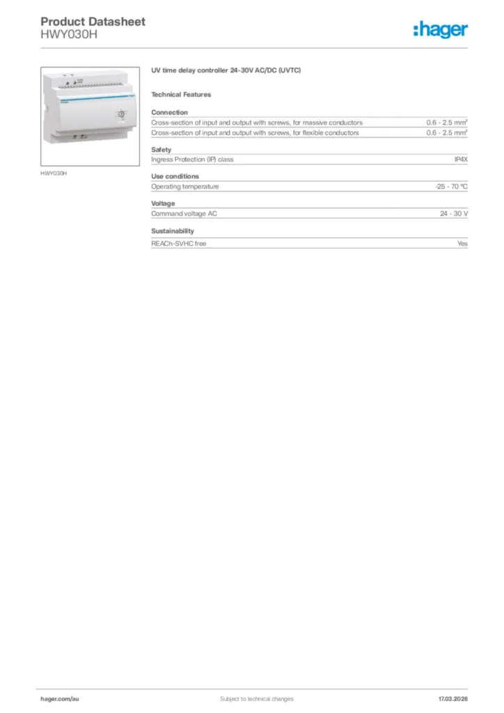 Image Hager Product data sheet HWY030H  | Hager Australia