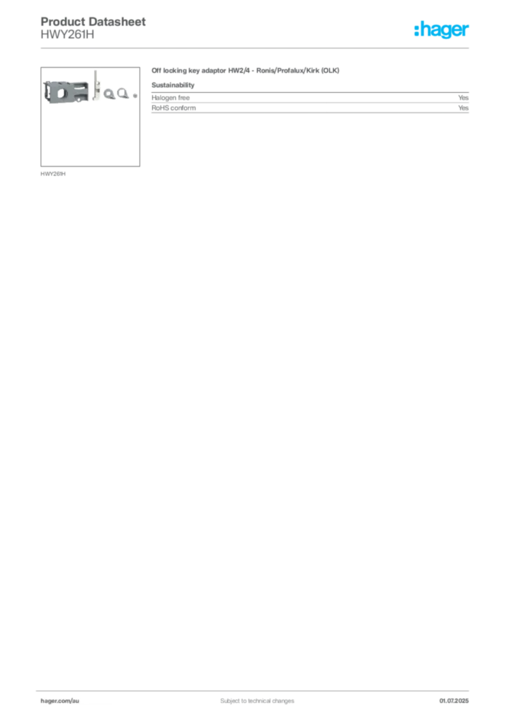 Image Hager Product data sheet HWY261H  | Hager Australia