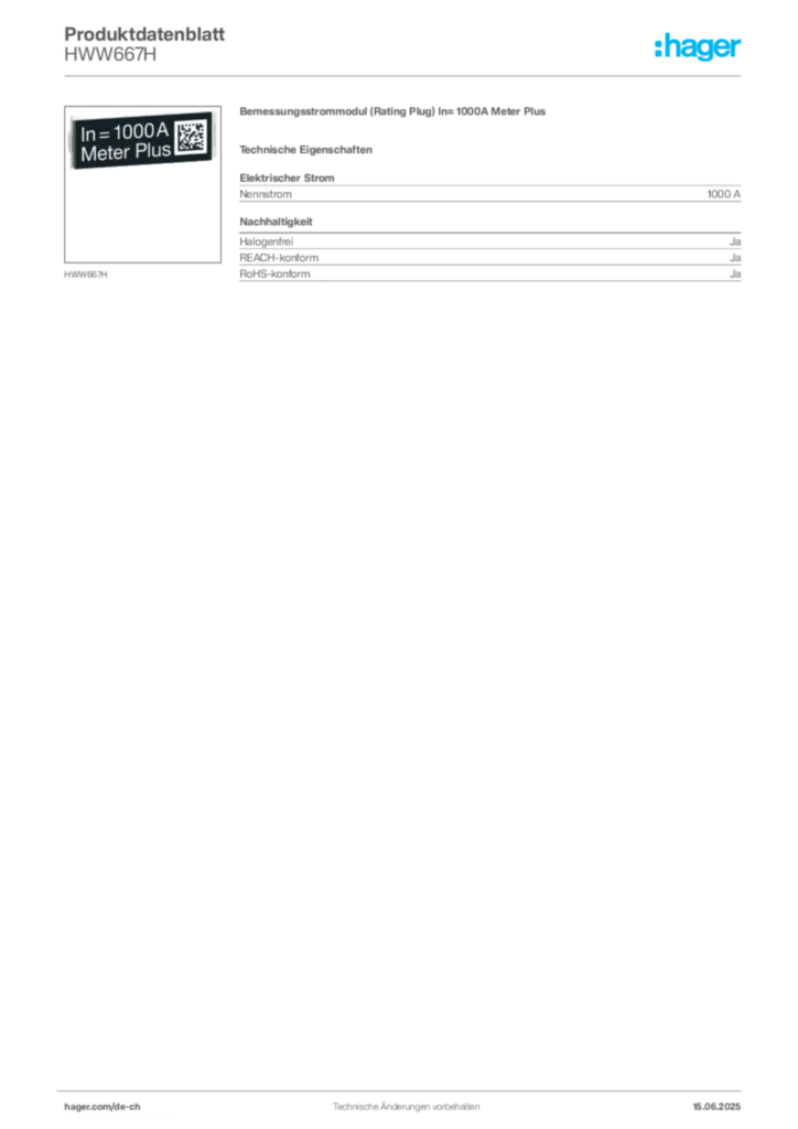 Bild Hager Produktdatenblatt HWW667H | Hager Schweiz