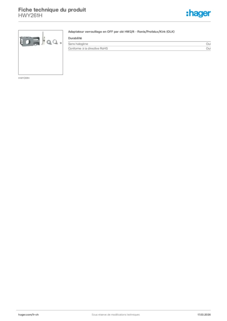 Image Hager Fiche technique du produit HWY261H | Hager Suisse