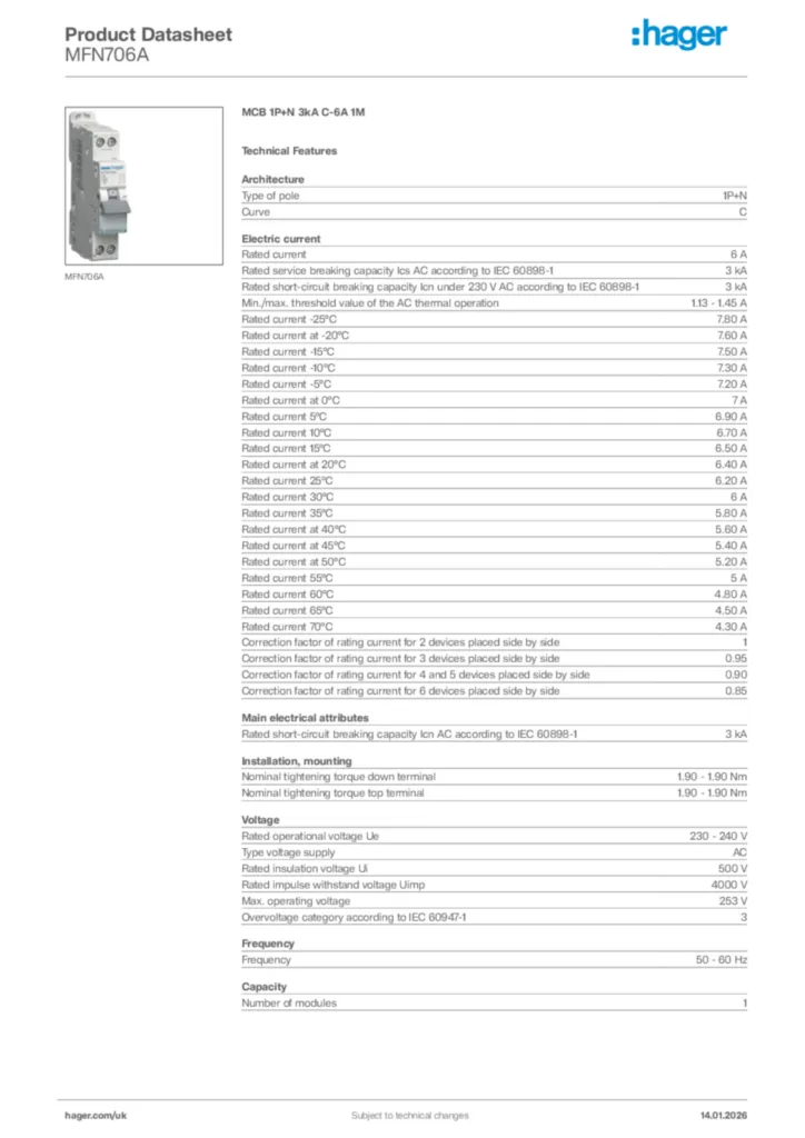 Image Hager Product data sheet MFN706A  | Hager