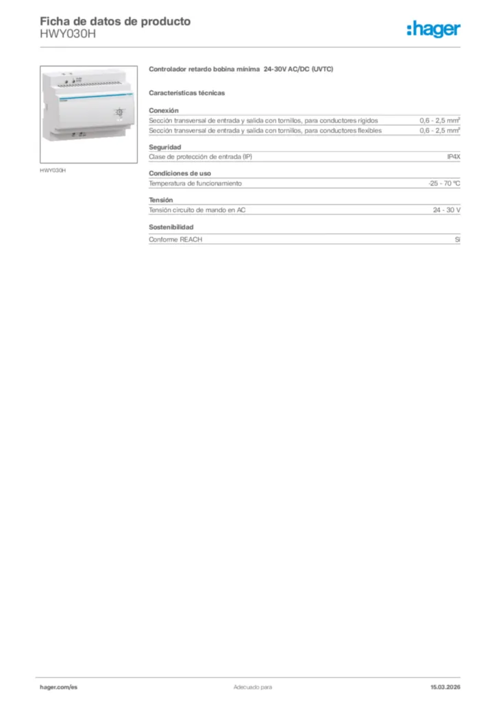 Imagen Hager Ficha de datos de producto HWY030H | Hager España