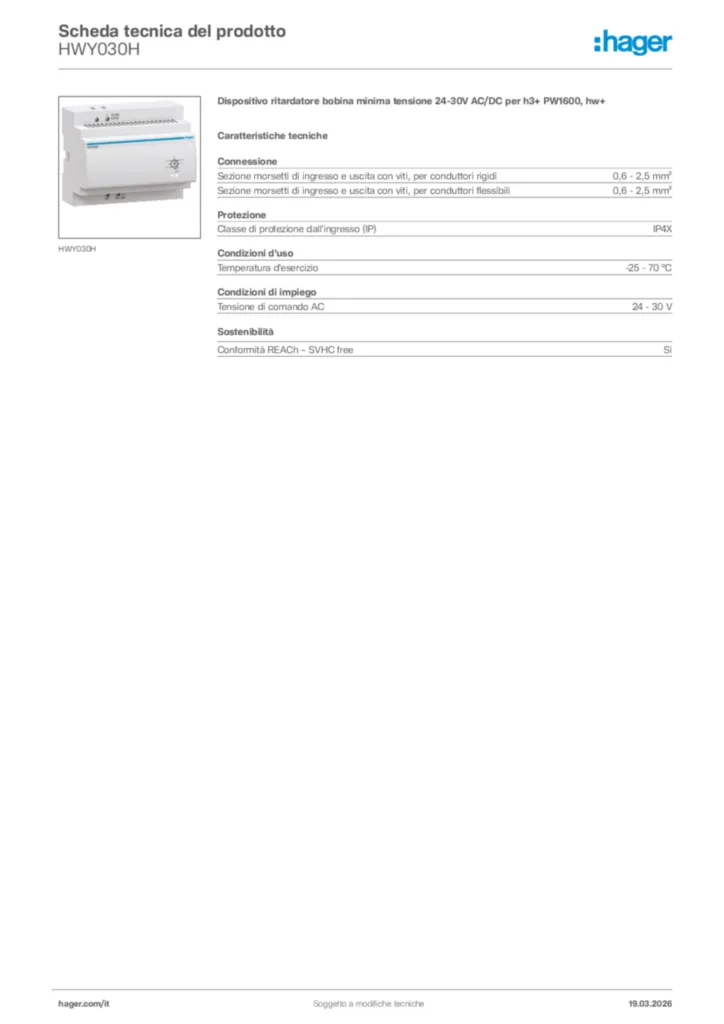 Immagine Hager Scheda tecnica del prodotto HWY030H | Hager Italia