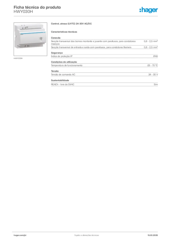 Imagem Hager Ficha técnica do produto HWY030H | Hager Portugal
