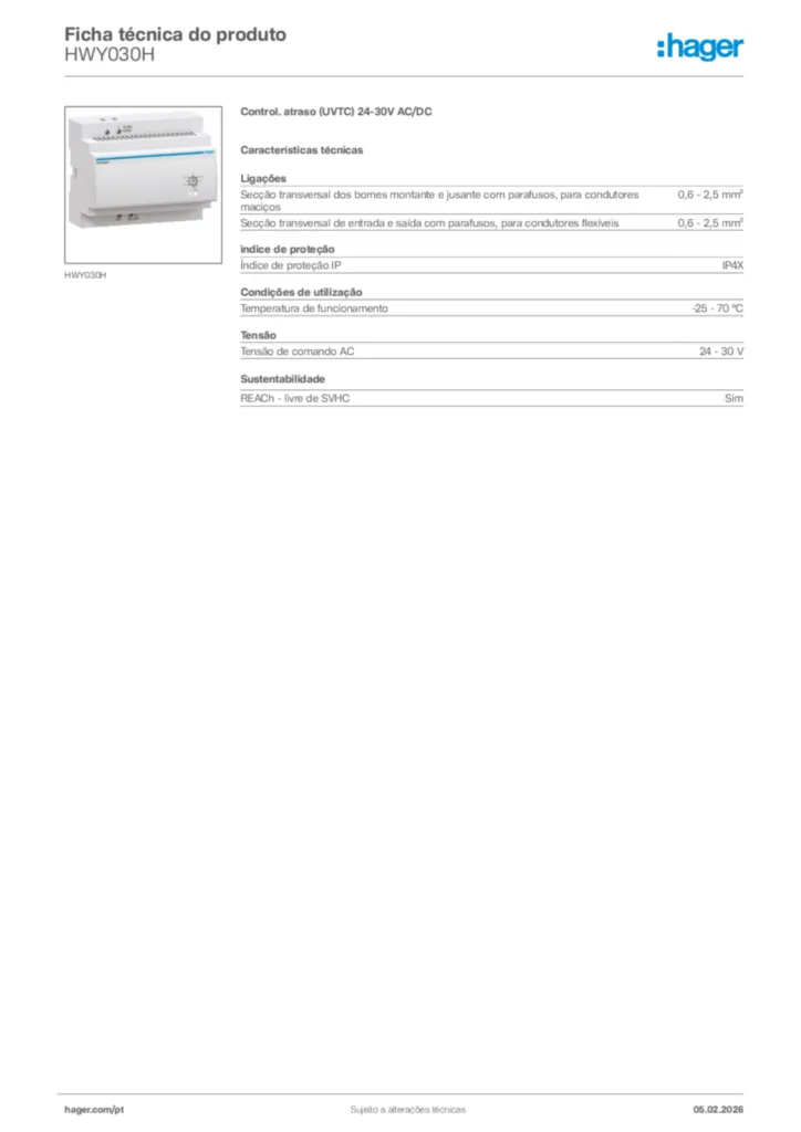 Imagem Hager Ficha técnica do produto HWY030H | Hager Portugal