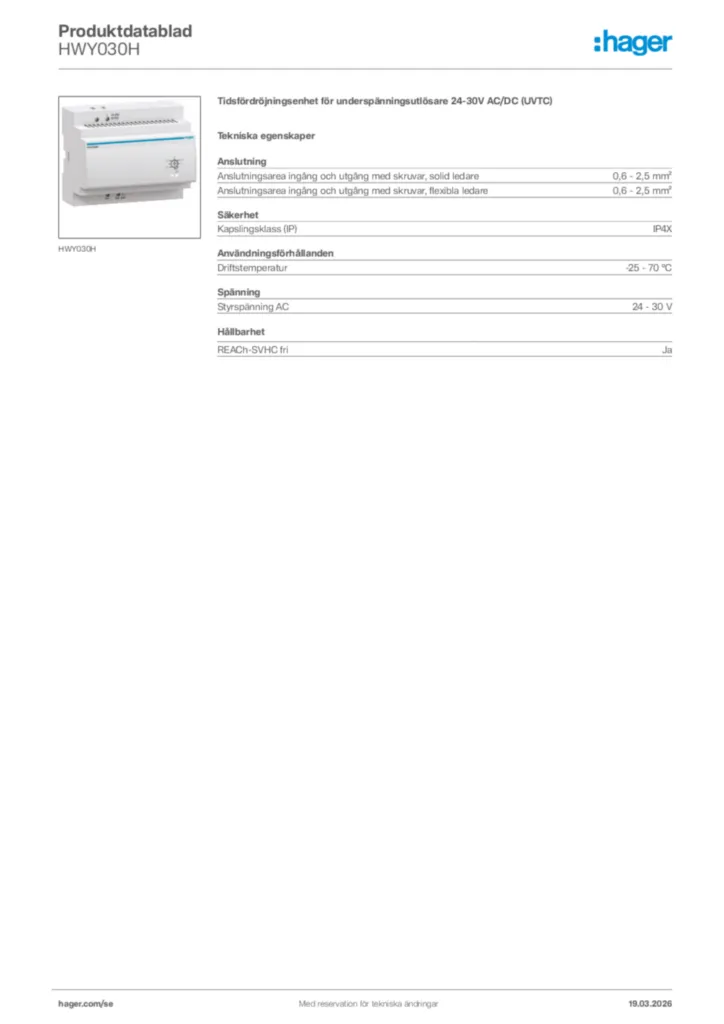 Bild Hager Produktdatablad HWY030H | Hager Sverige