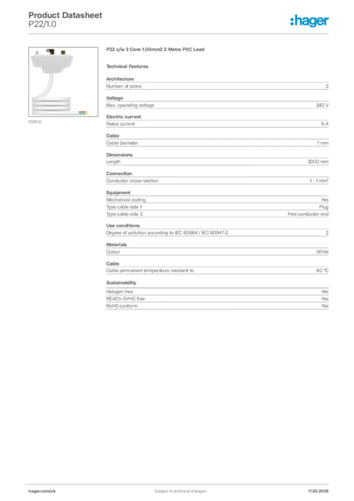 Image Hager Product data sheet P22/1.0  | Hager