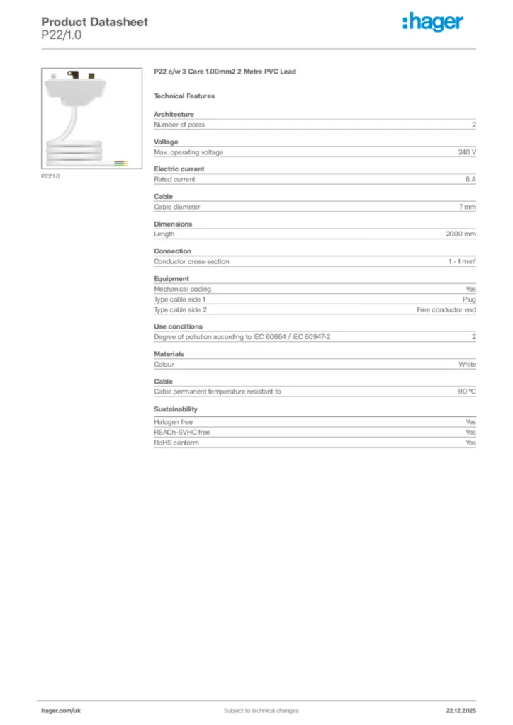 Image Hager Product data sheet P22/1.0  | Hager
