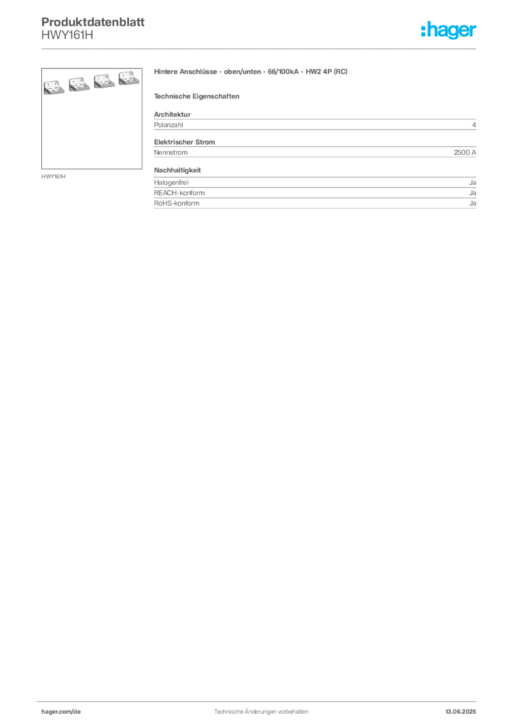 Bild Hager Produktdatenblatt HWY161H | Hager Deutschland