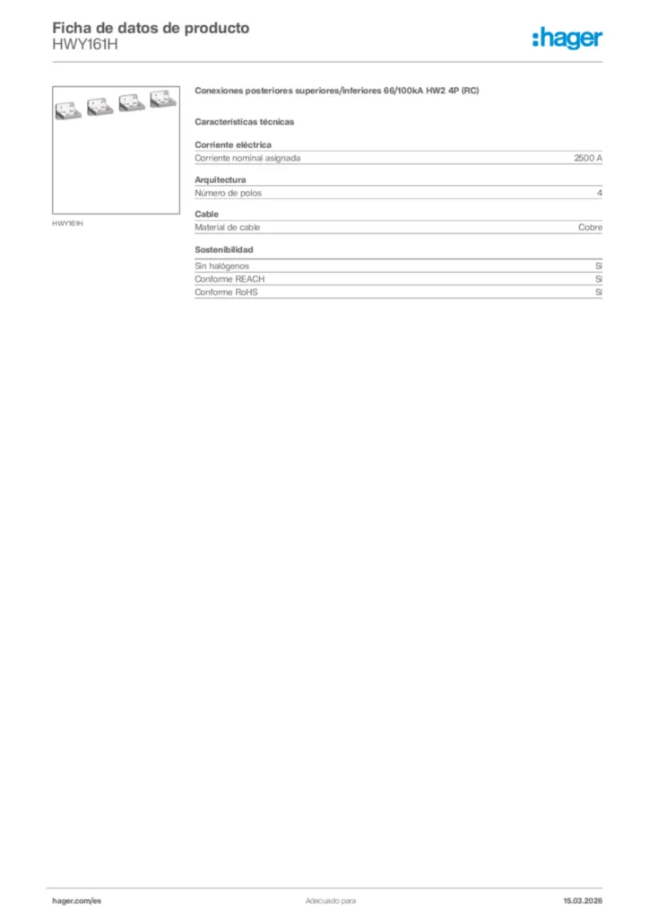 Imagen Hager Ficha de datos de producto HWY161H | Hager España