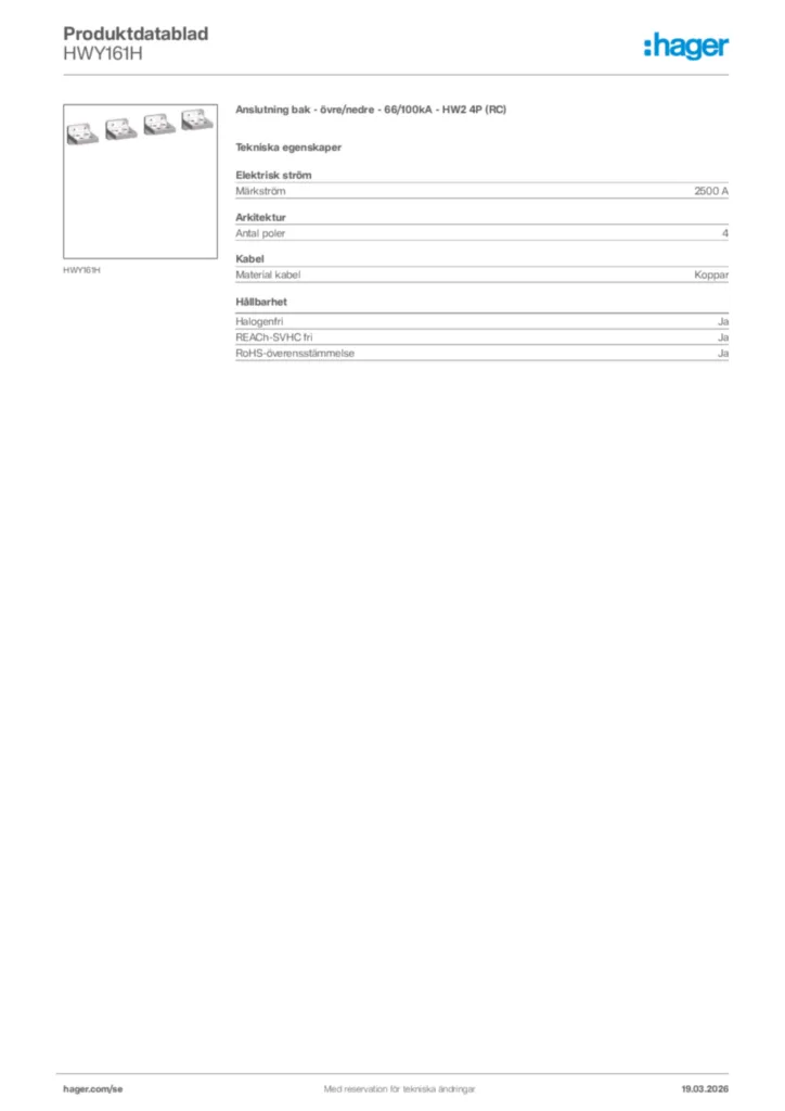 Bild Hager Produktdatablad HWY161H | Hager Sverige