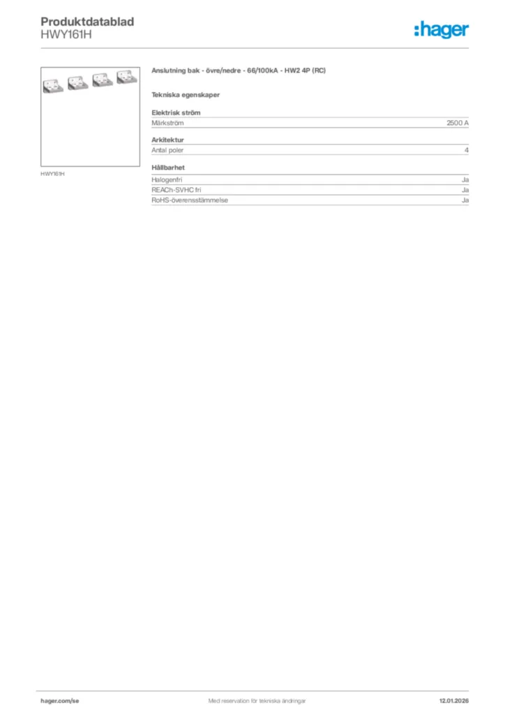 Bild Hager Produktdatablad HWY161H | Hager Sverige
