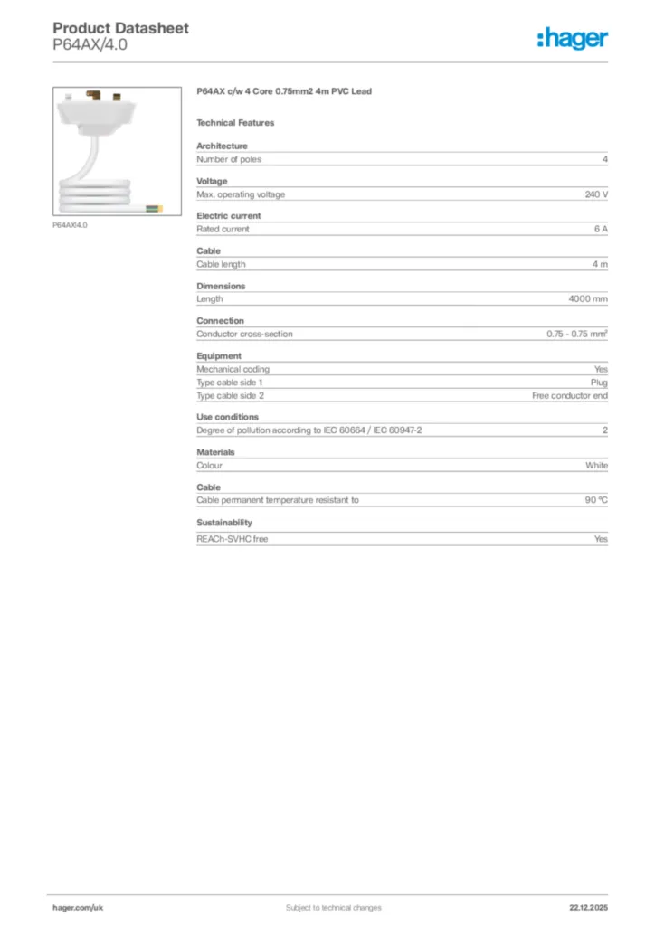 Image Hager Product data sheet P64AX/4.0  | Hager