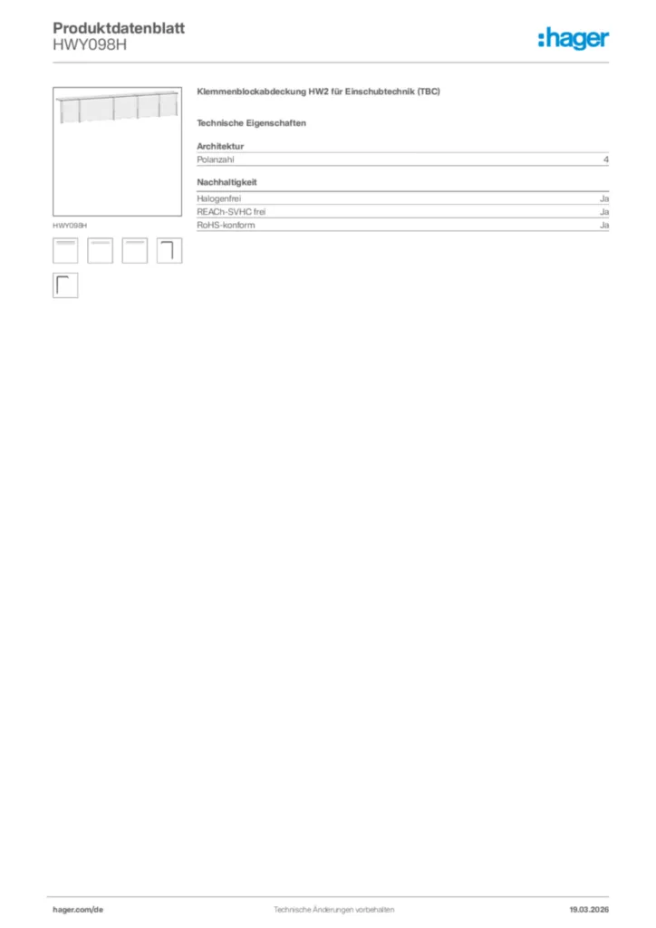 Bild Hager Produktdatenblatt HWY098H | Hager Deutschland