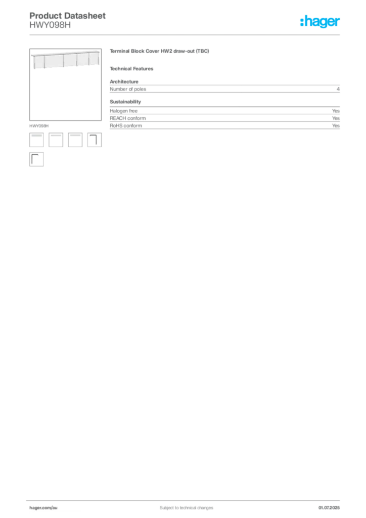 Image Hager Product data sheet HWY098H  | Hager Australia