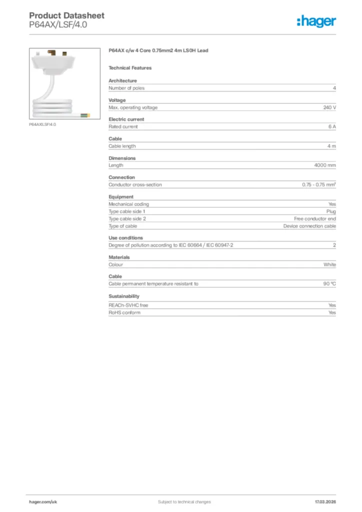 Image Hager Product data sheet P64AX/LSF/4.0  | Hager