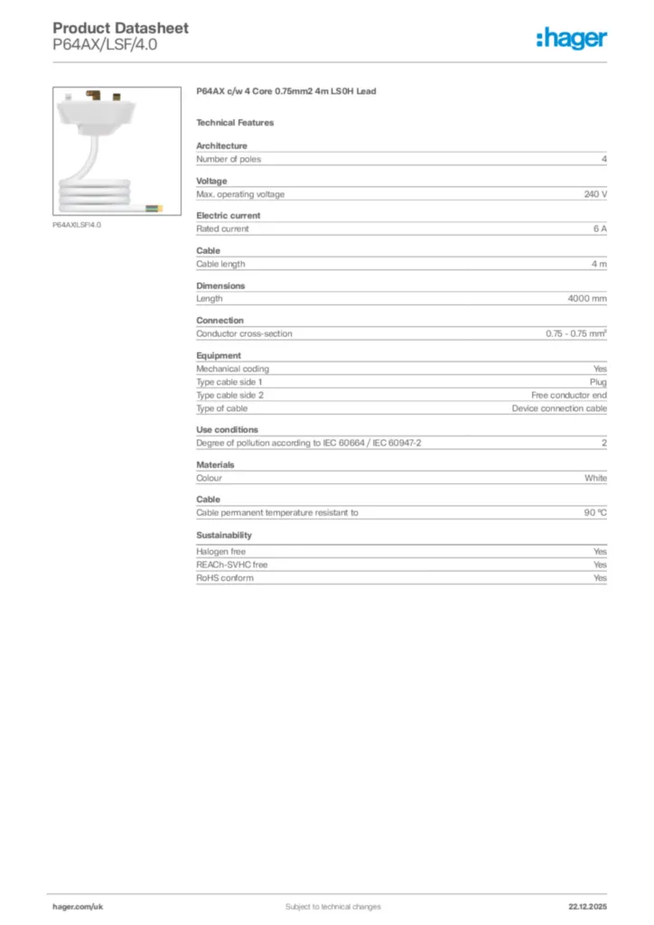 Image Hager Product data sheet P64AX/LSF/4.0  | Hager
