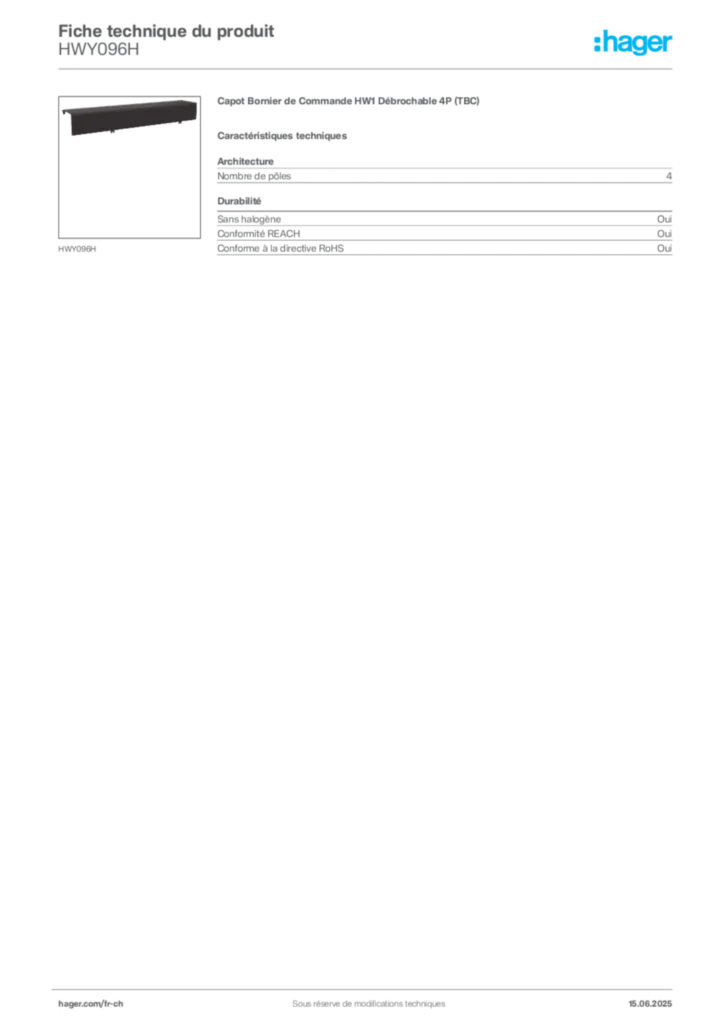 Image Hager Fiche technique du produit HWY096H | Hager Suisse