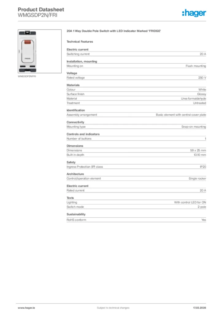 Image Hager Product data sheet WMGSDP2N/FRI  | Hager