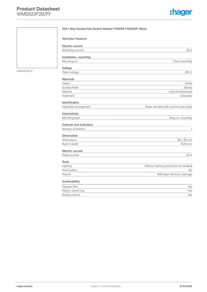 Image Hager Product data sheet WMGSDP2B/FF  | Hager