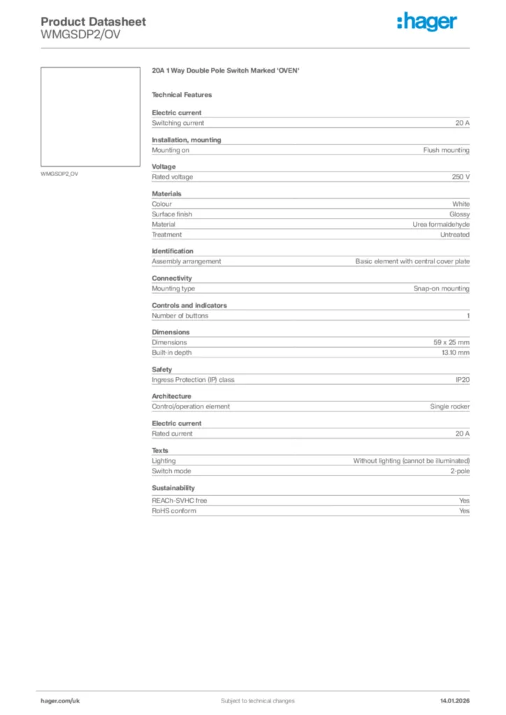 Image Hager Product data sheet WMGSDP2/OV  | Hager