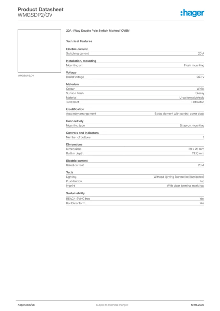 Image Hager Product data sheet WMGSDP2/OV  | Hager
