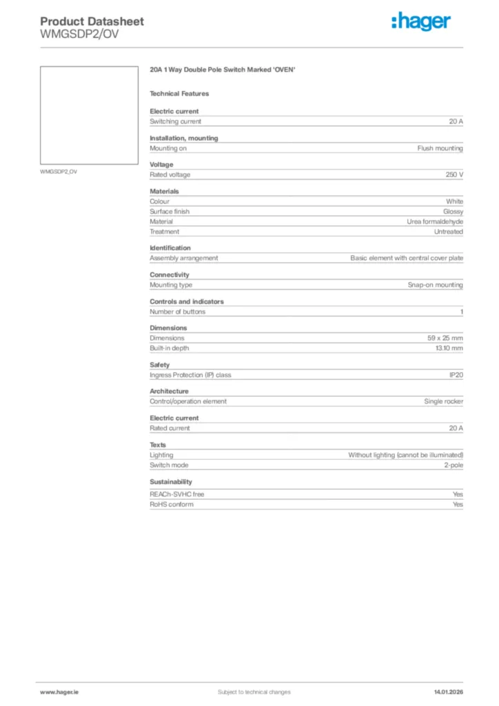 Image Hager Product data sheet WMGSDP2/OV  | Hager
