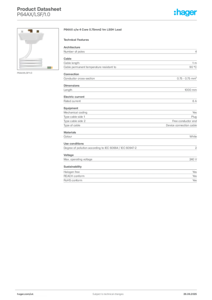 Image Hager Product data sheet P64AX/LSF/1.0  | Hager