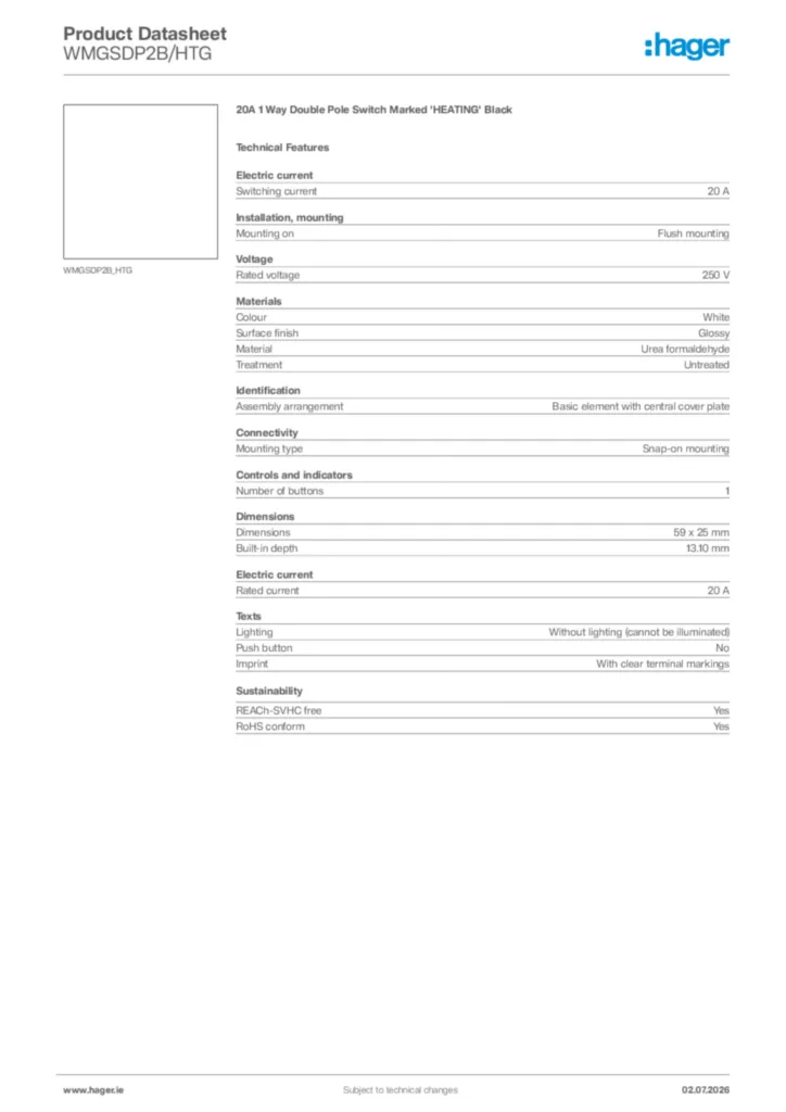 Image Hager Product data sheet WMGSDP2B/HTG  | Hager