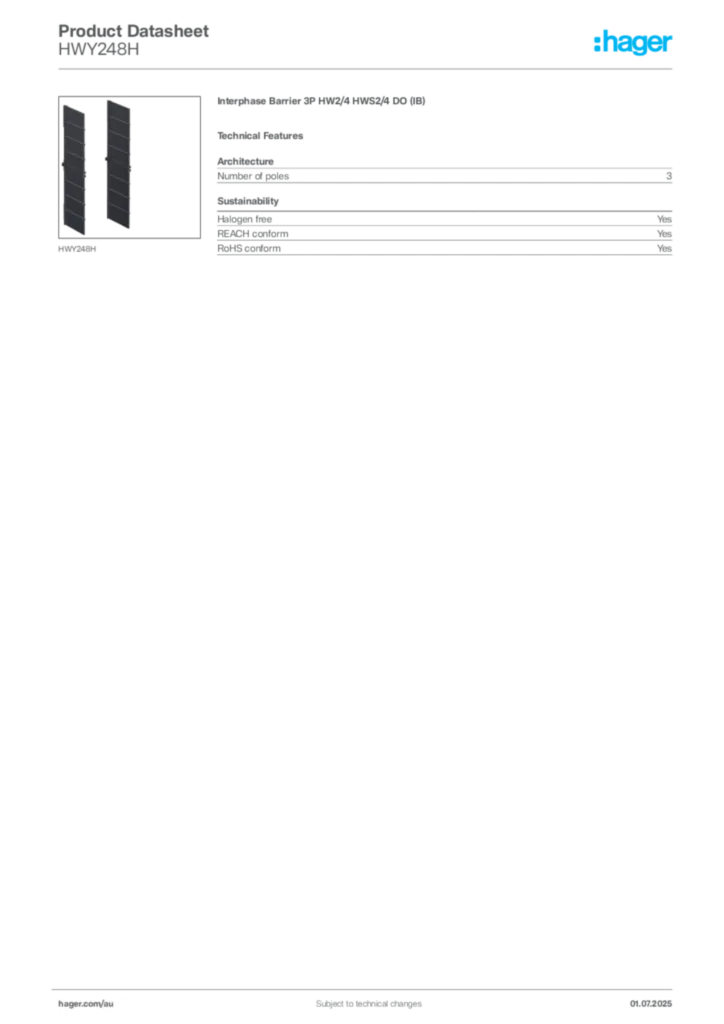 Image Hager Product data sheet HWY248H  | Hager Australia