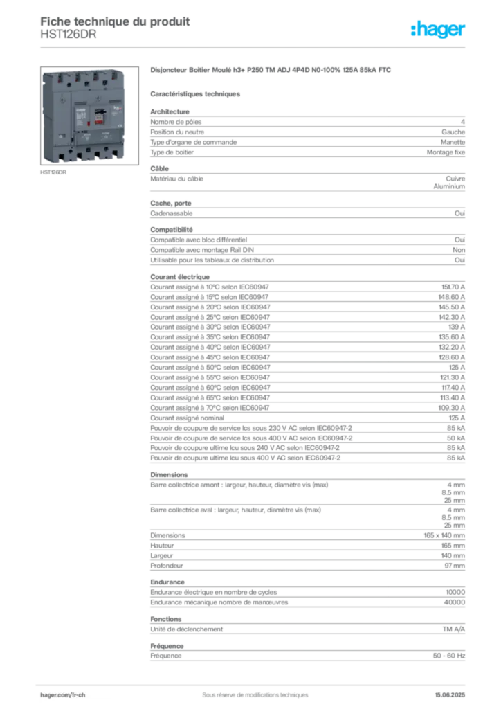 Image Hager Fiche technique du produit HST126DR | Hager Suisse