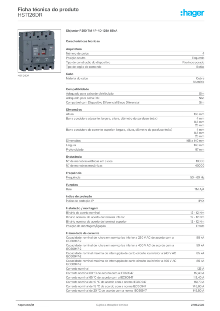 Imagem Hager Ficha técnica do produto HST126DR | Hager Portugal