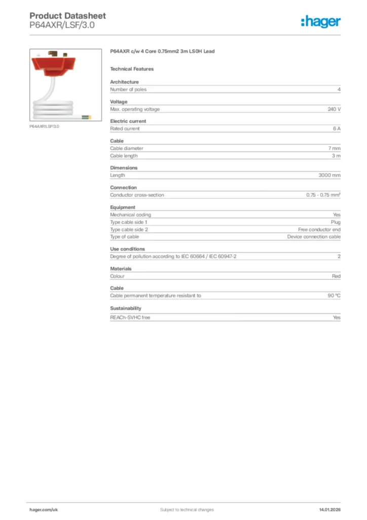 Image Hager Product data sheet P64AXR/LSF/3.0  | Hager