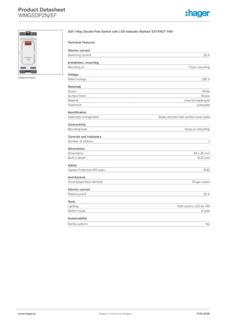 Image Hager Product data sheet WMGSDP2N/EF  | Hager