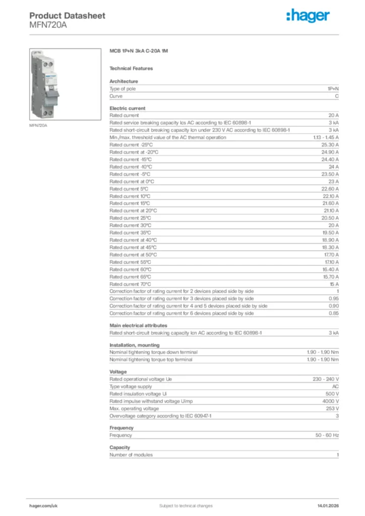 Image Hager Product data sheet MFN720A  | Hager