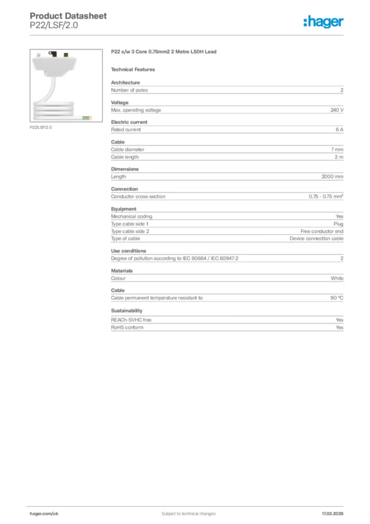 Image Hager Product data sheet P22/LSF/2.0  | Hager