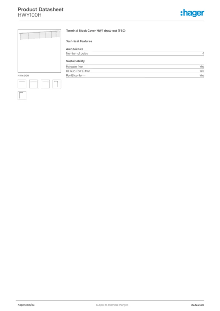 Image Hager Product data sheet HWY100H  | Hager Australia