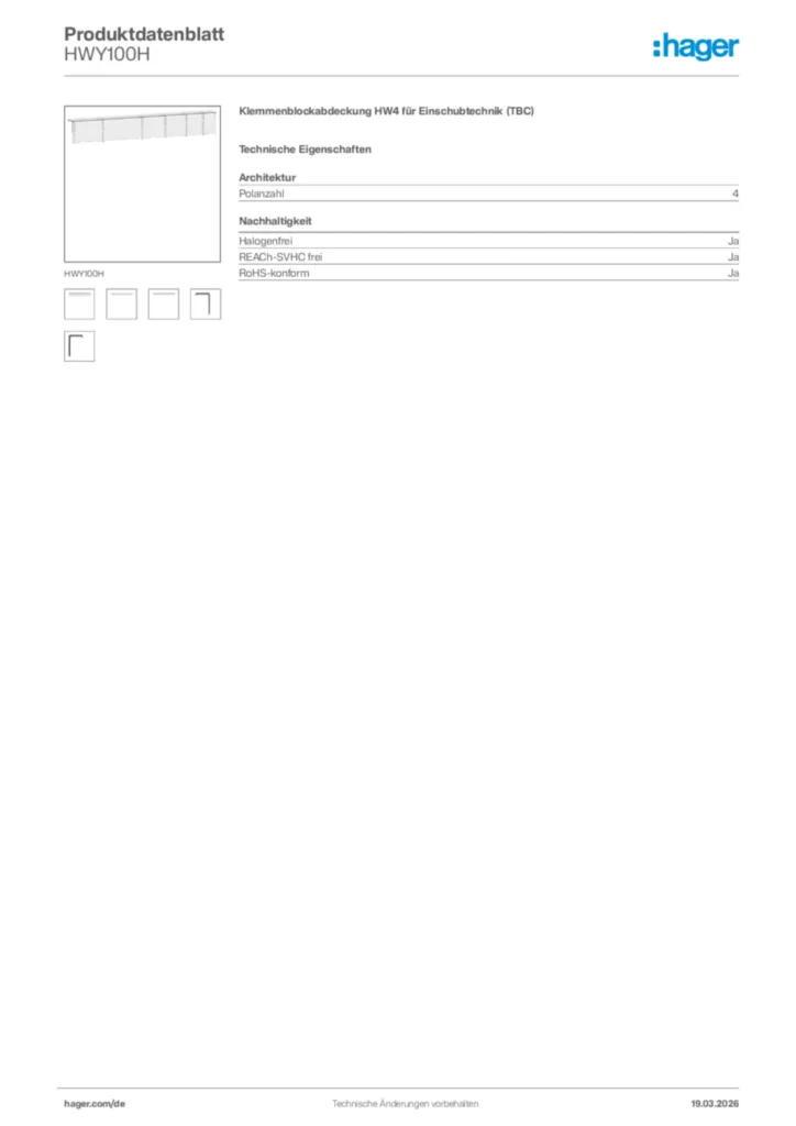Bild Hager Produktdatenblatt HWY100H | Hager Deutschland