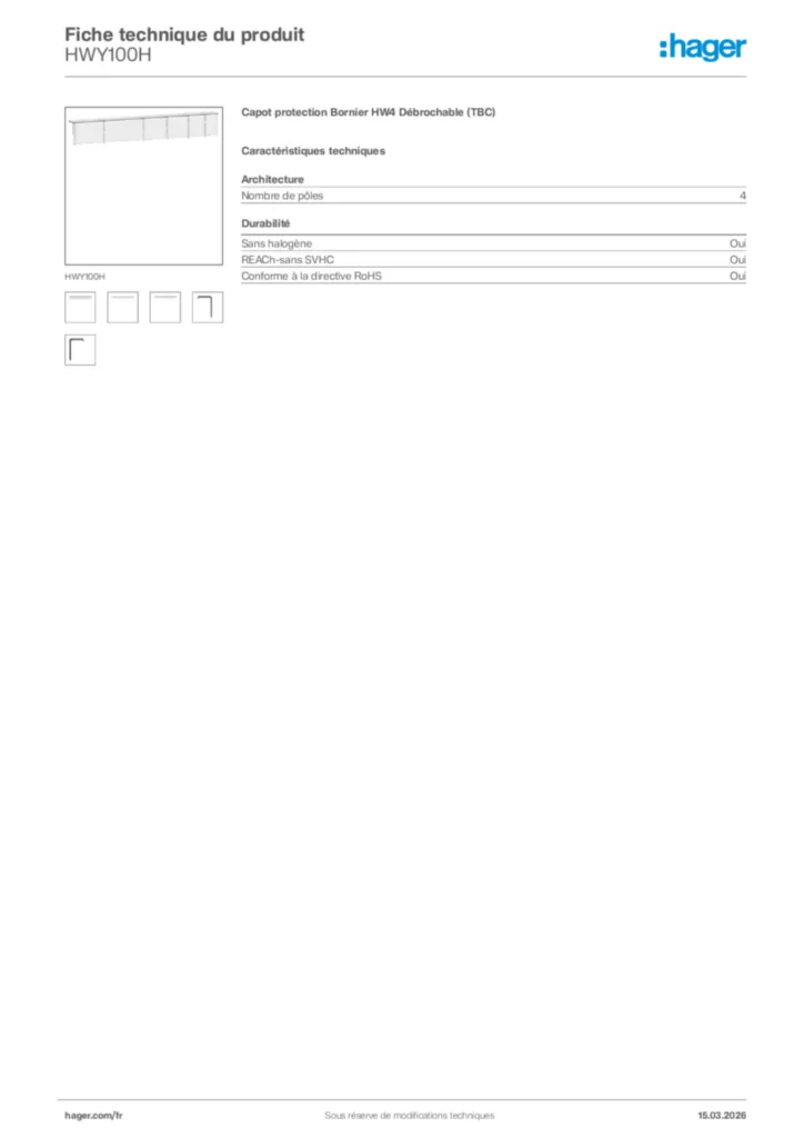 Image Hager Fiche technique du produit HWY100H | Hager France