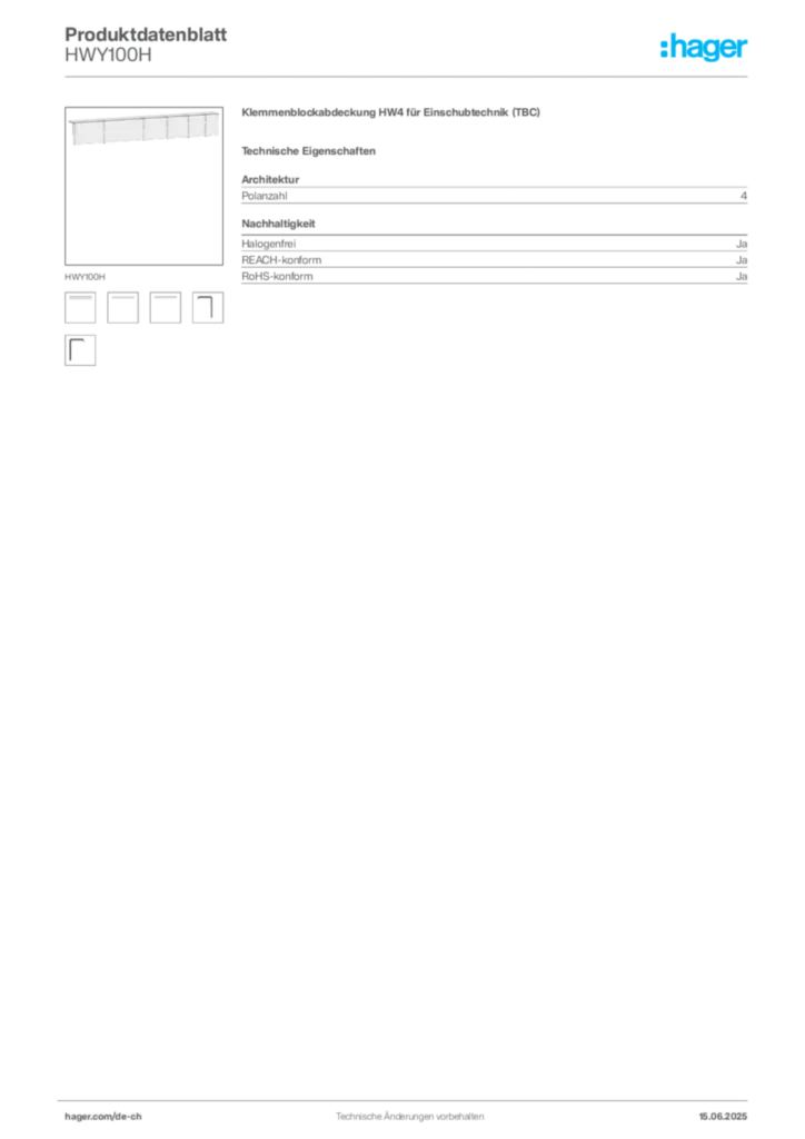 Bild Hager Produktdatenblatt HWY100H | Hager Schweiz