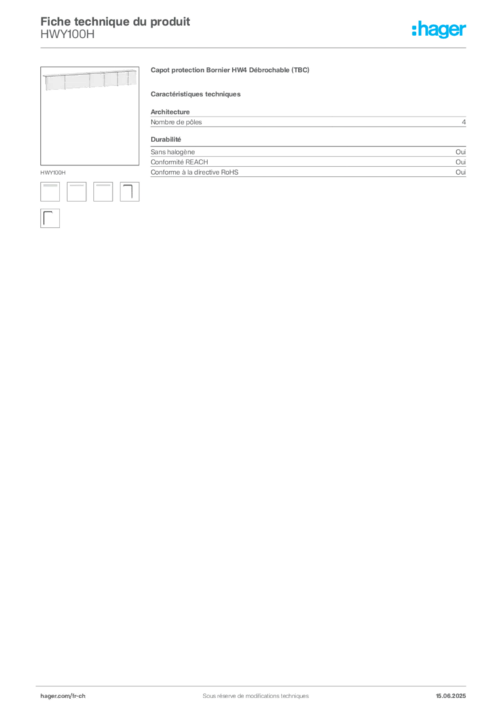 Image Hager Fiche technique du produit HWY100H | Hager Suisse