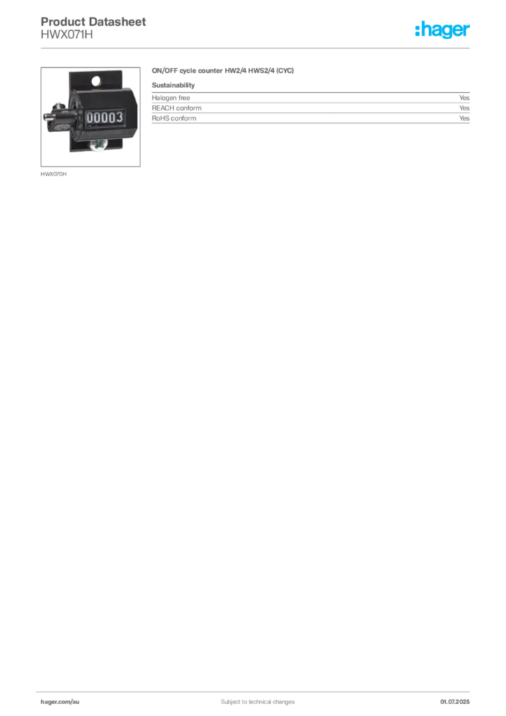 Image Hager Product data sheet HWX071H  | Hager Australia